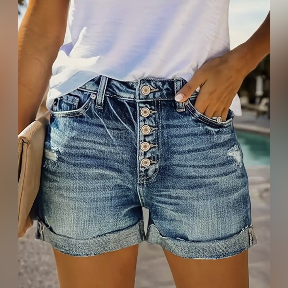 Women's Mid-Rise Stretch Distressed Denim Jean Shorts Button Fly